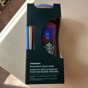 NIB Abstract Starbucks Reusable Cold Cups Set w/Lids & Straws